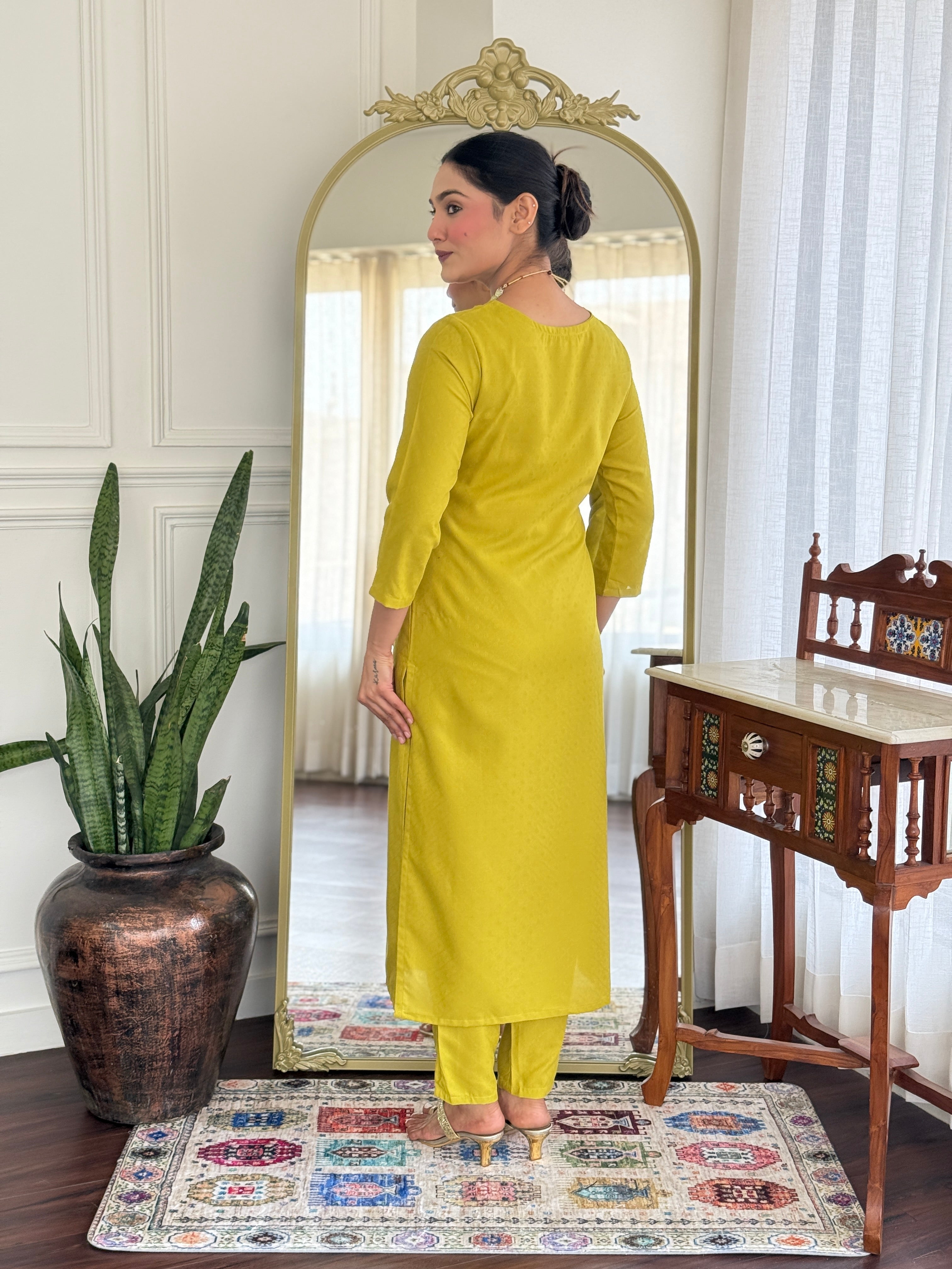 Women’s Yellow Viscose Rayon Jacquard Kurta with Elegant Embroidery