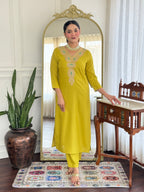 Women’s Yellow Viscose Rayon Jacquard Kurta with Elegant Embroidery