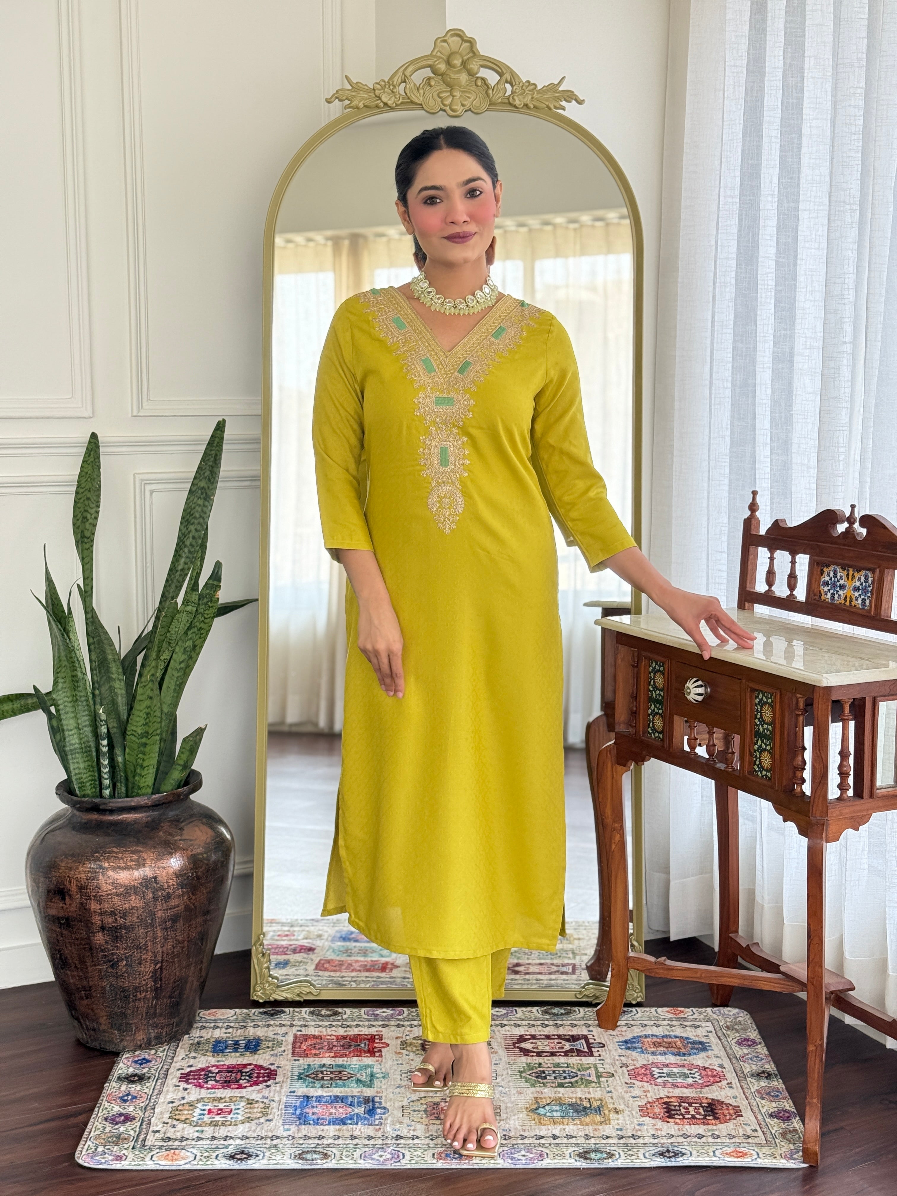 Women’s Yellow Viscose Rayon Jacquard Kurta with Elegant Embroidery