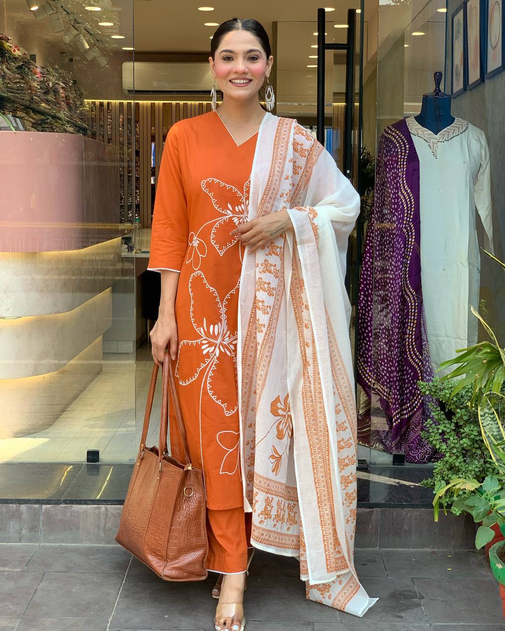 Traditional Orange Embroidered Kurta Set in Viscose Chanderi Fabric