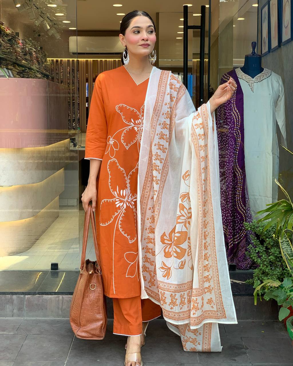Traditional Orange Embroidered Kurta Set in Viscose Chanderi Fabric