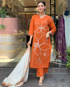 Traditional Orange Embroidered Kurta Set in Viscose Chanderi Fabric