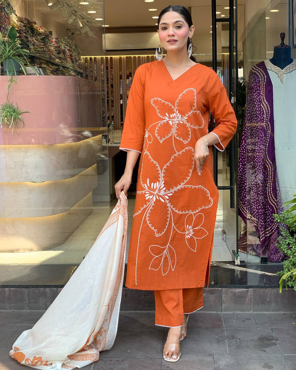 Traditional Orange Embroidered Kurta Set in Viscose Chanderi Fabric