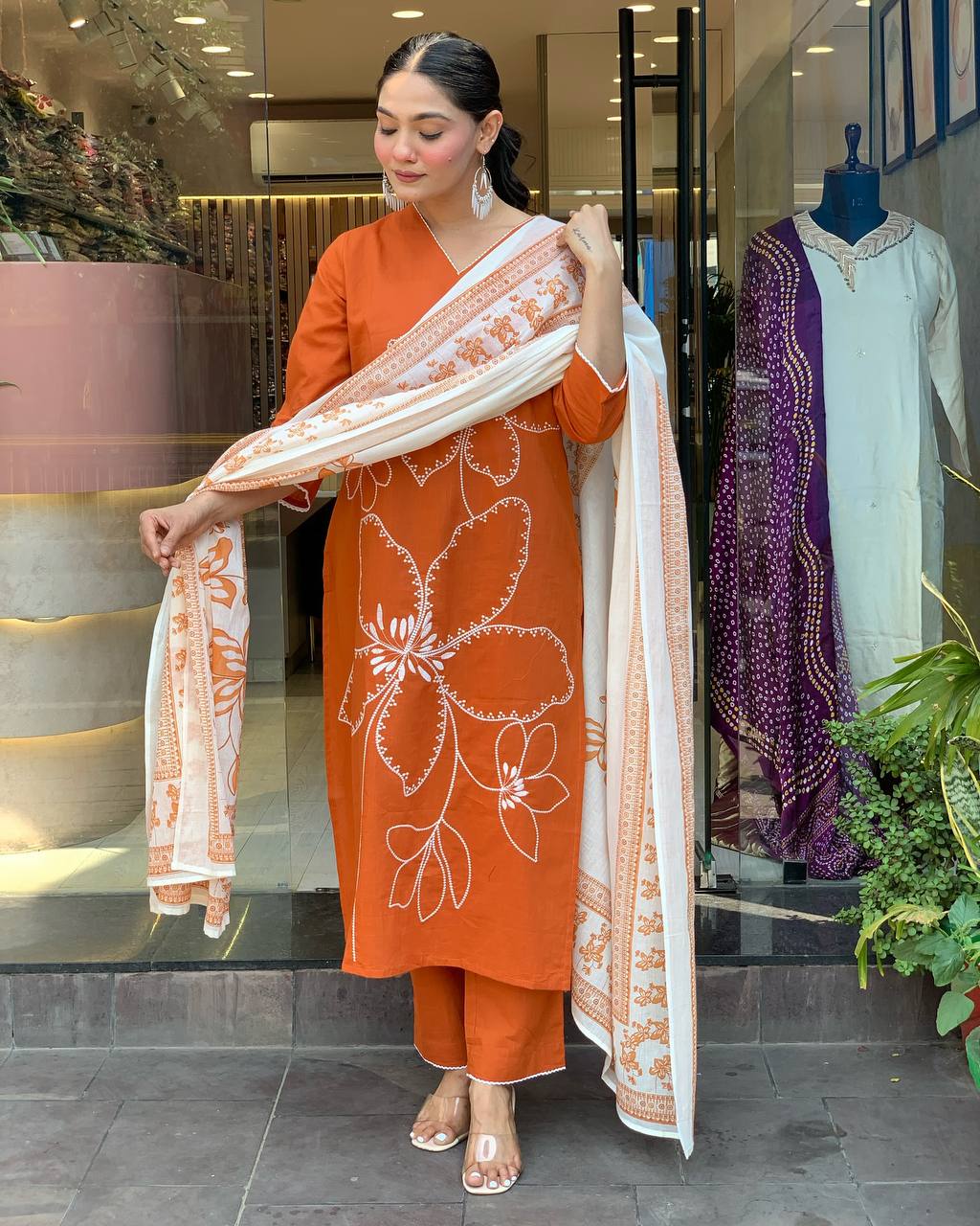 Traditional Orange Embroidered Kurta Set in Viscose Chanderi Fabric