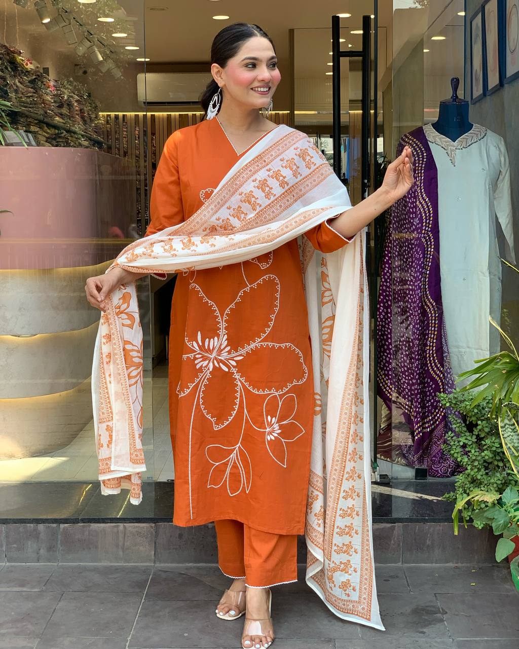 Traditional Orange Embroidered Kurta Set in Viscose Chanderi Fabric