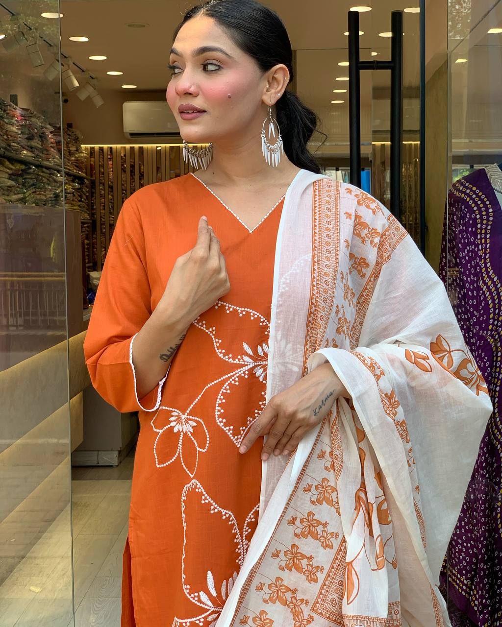 Traditional Orange Embroidered Kurta Set in Viscose Chanderi Fabric