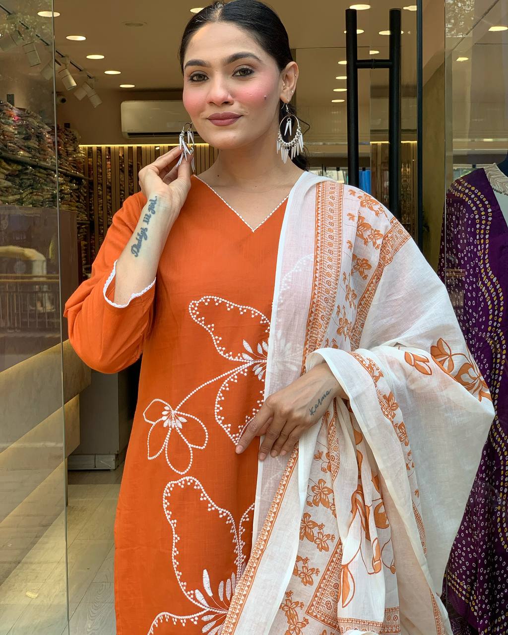 Traditional Orange Embroidered Kurta Set in Viscose Chanderi Fabric