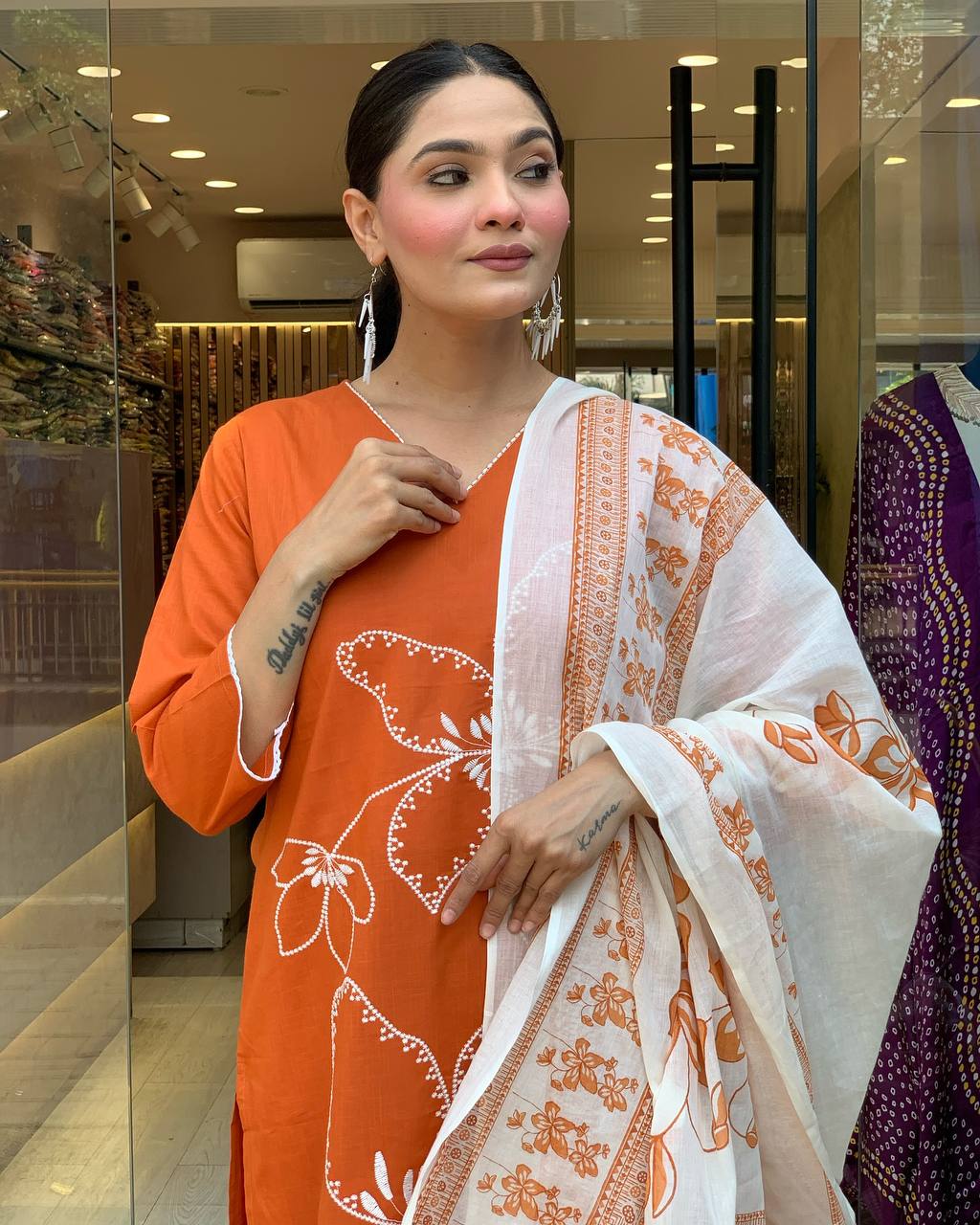 Traditional Orange Embroidered Kurta Set in Viscose Chanderi Fabric