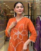 Traditional Orange Embroidered Kurta Set in Viscose Chanderi Fabric
