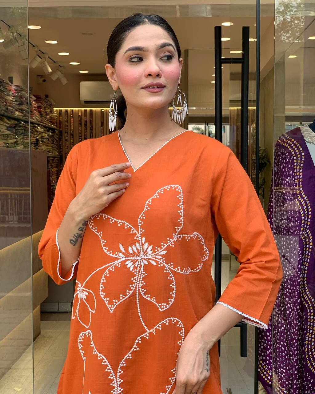Traditional Orange Embroidered Kurta Set in Viscose Chanderi Fabric