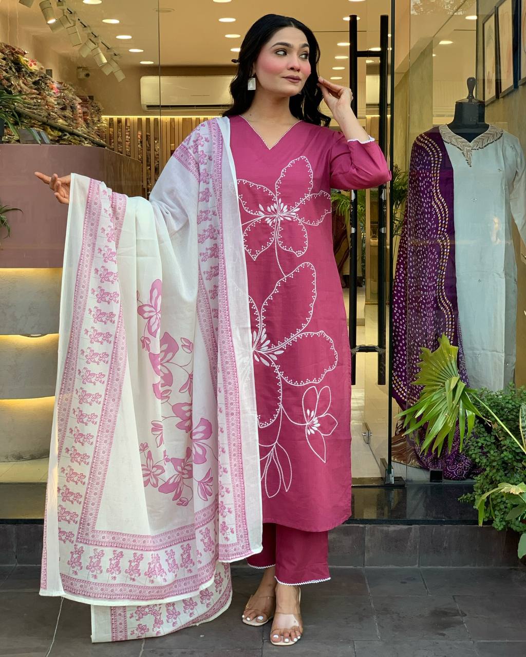 Traditional Pink Embroidered Kurta Set in Viscose Chanderi Fabric