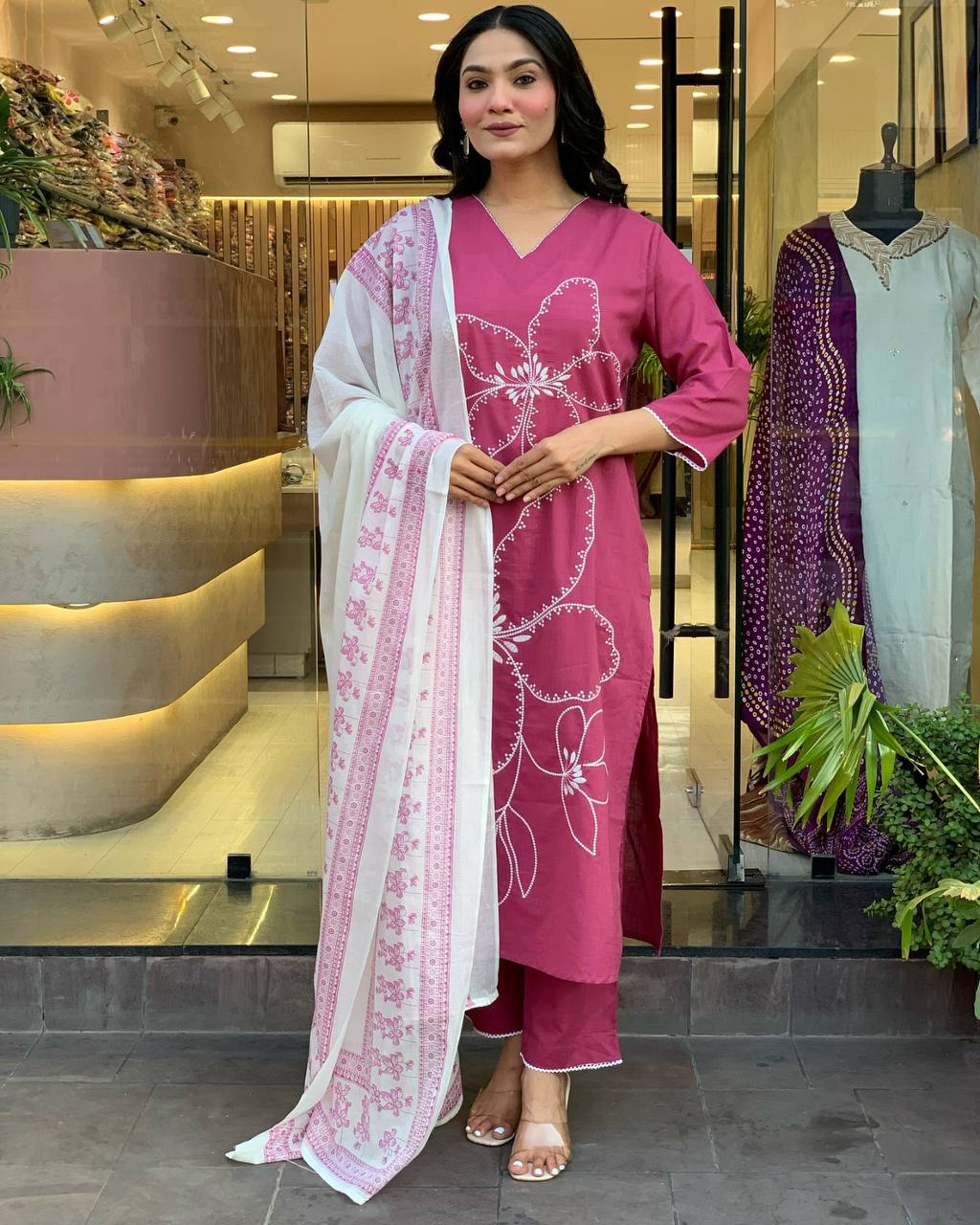 Traditional Pink Embroidered Kurta Set in Viscose Chanderi Fabric