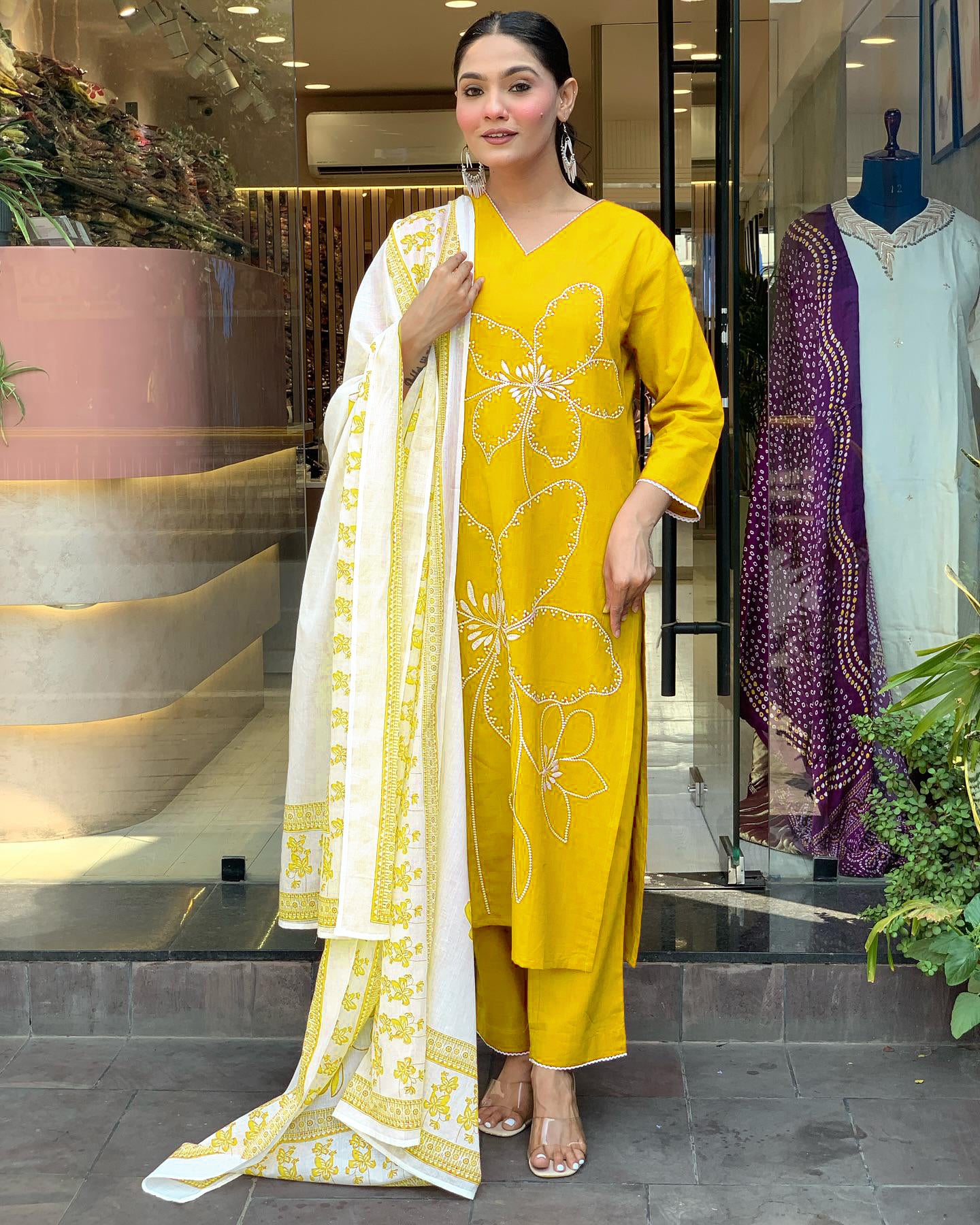 Traditional Yellow Embroidered Kurta Set in Viscose Chanderi Fabric