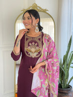 Women's Wine  Viscose Rayon Kurta Set, Scoop-Neck Embroidered, 3/4 Sleeve, Floral Dupatta,3 Piece