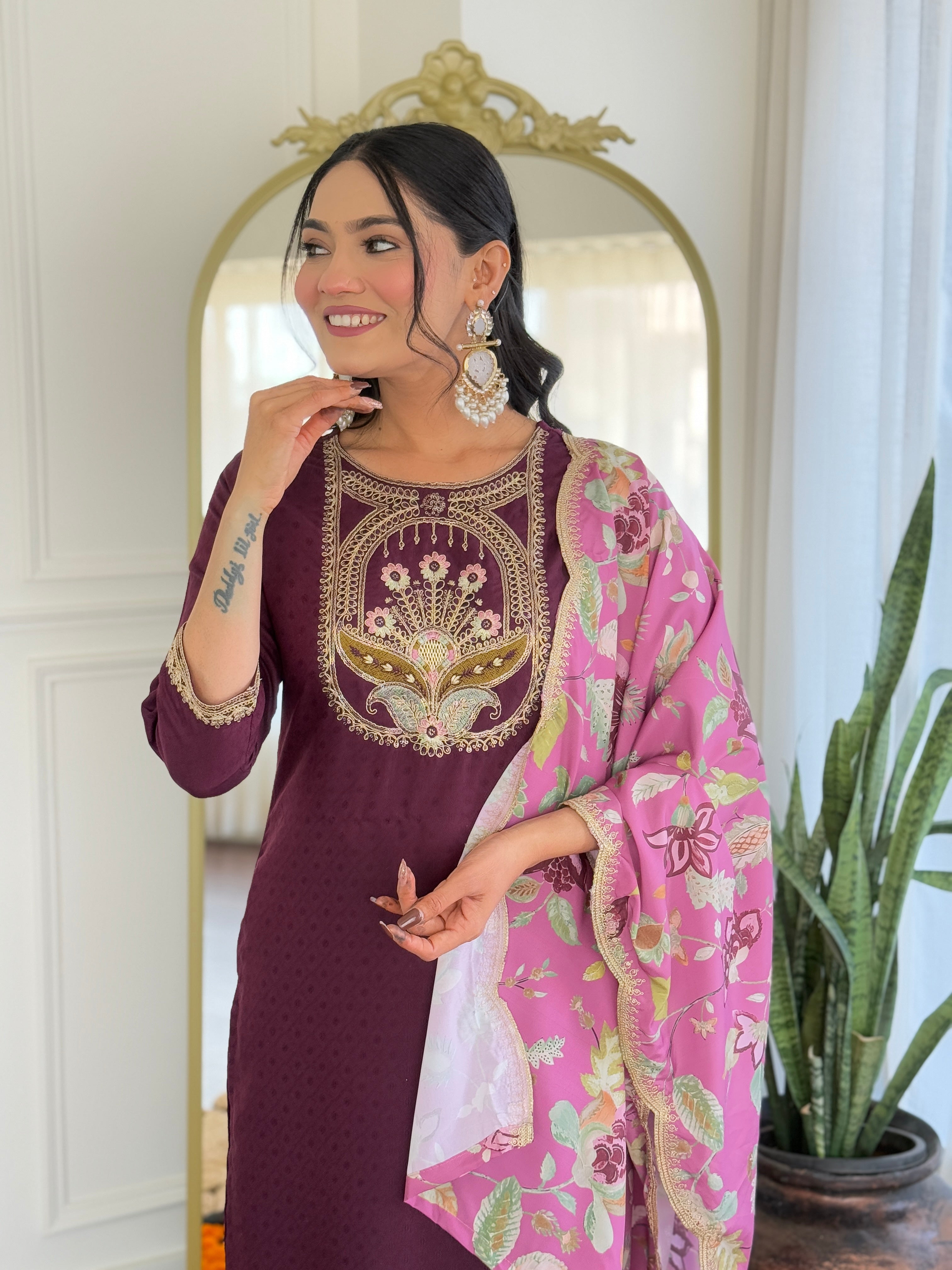 Women's Wine  Viscose Rayon Kurta Set, Scoop-Neck Embroidered, 3/4 Sleeve, Floral Dupatta,3 Piece