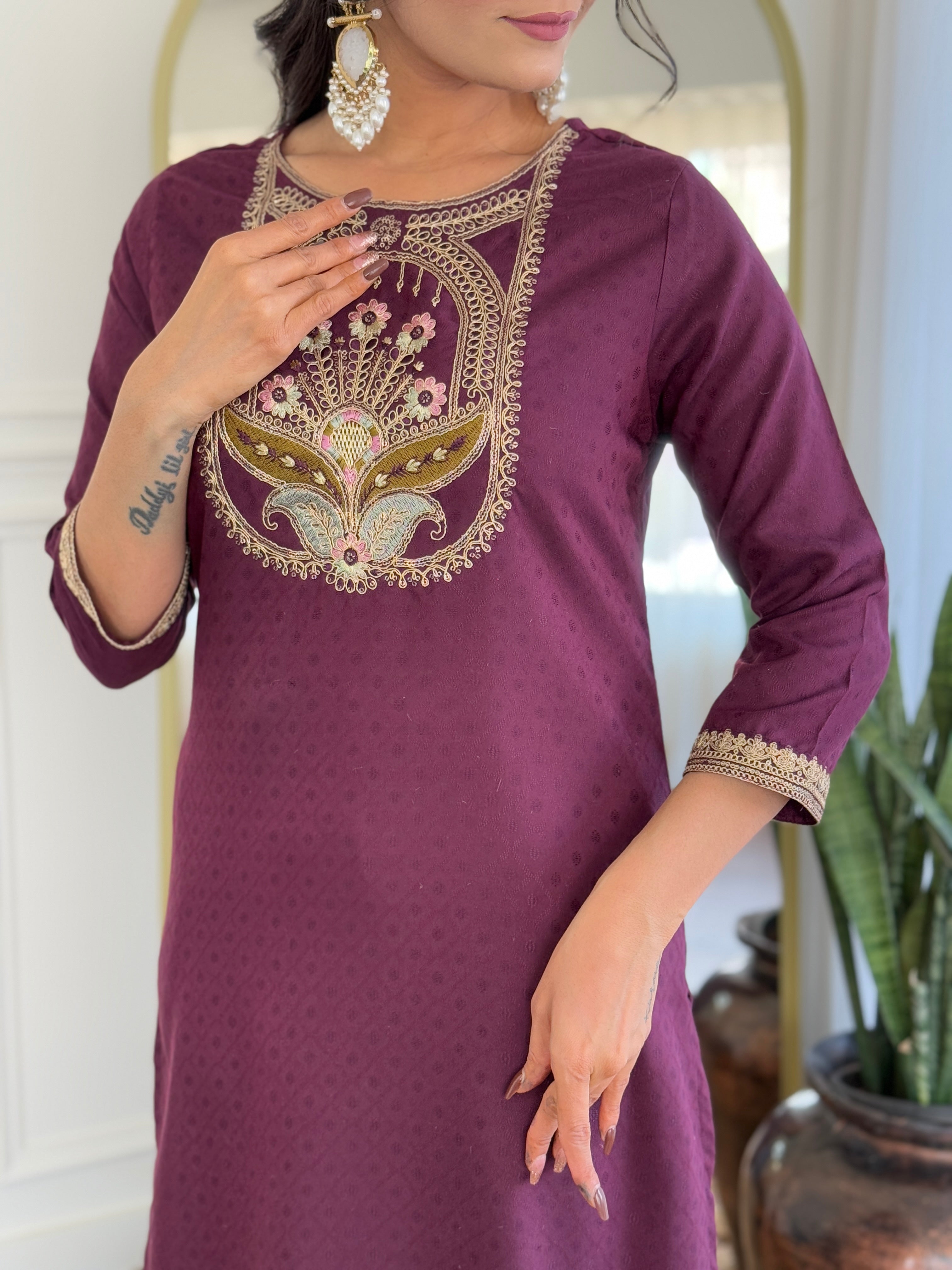 Women's Wine  Viscose Rayon Kurta Set, Scoop-Neck Embroidered, 3/4 Sleeve, Floral Dupatta,3 Piece