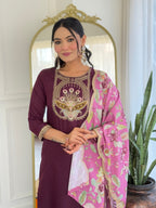 Women's Wine  Viscose Rayon Kurta Set, Scoop-Neck Embroidered, 3/4 Sleeve, Floral Dupatta,3 Piece