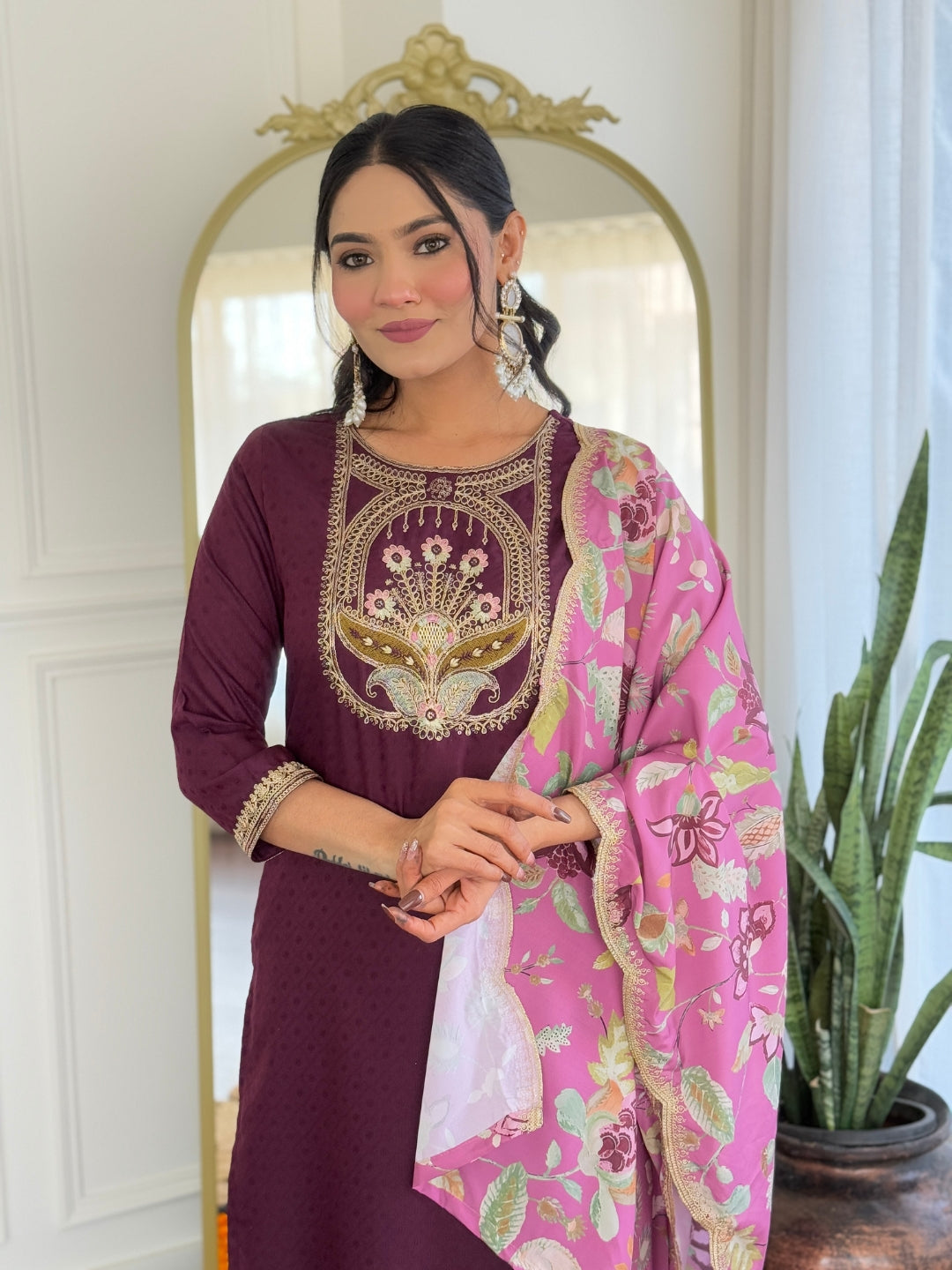 Women's Wine  Viscose Rayon Kurta Set, Scoop-Neck Embroidered, 3/4 Sleeve, Floral Dupatta,3 Piece