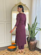 Women's Wine  Viscose Rayon Kurta Set, Scoop-Neck Embroidered, 3/4 Sleeve, Floral Dupatta,3 Piece