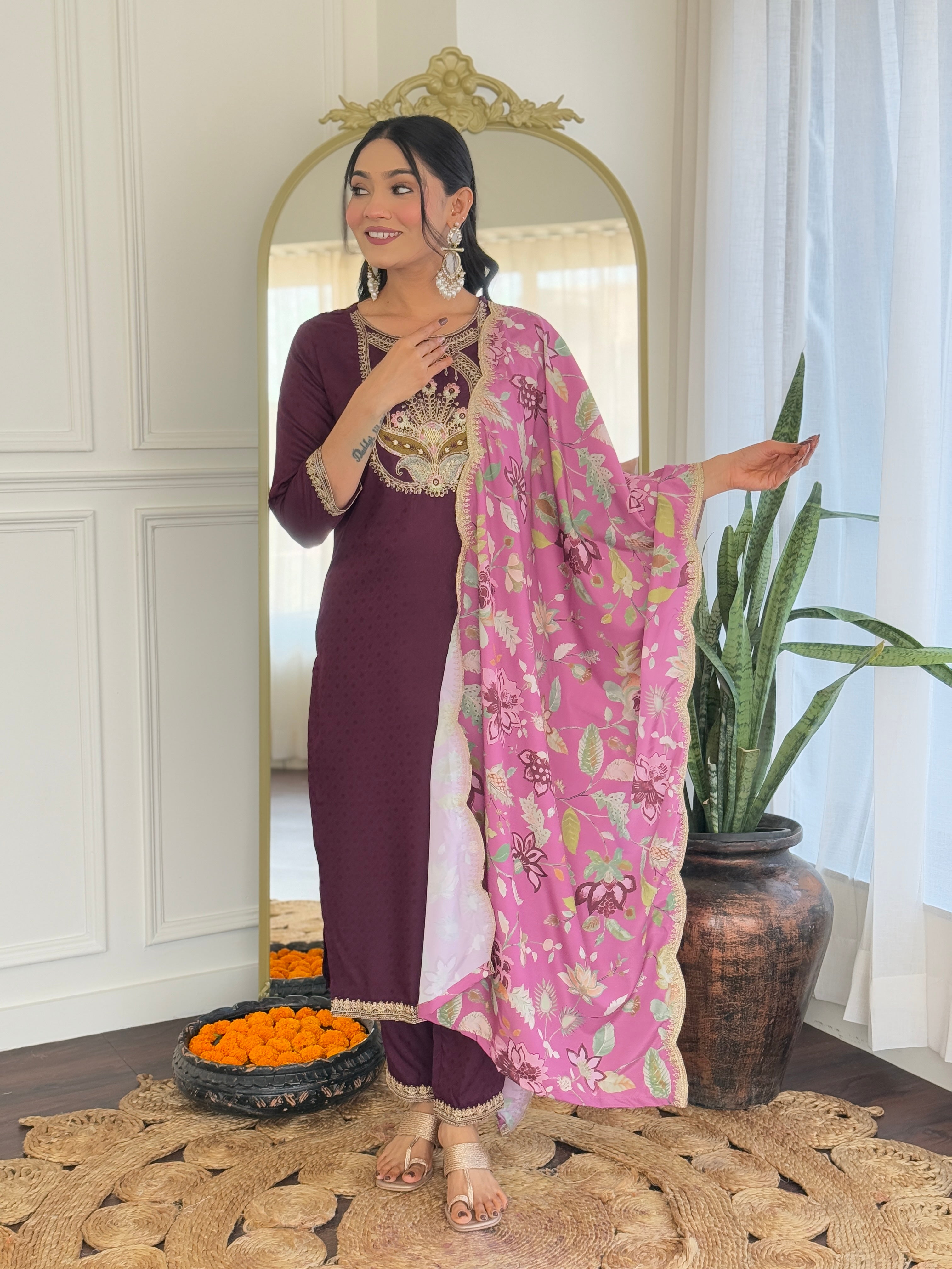 Women's Wine  Viscose Rayon Kurta Set, Scoop-Neck Embroidered, 3/4 Sleeve, Floral Dupatta,3 Piece