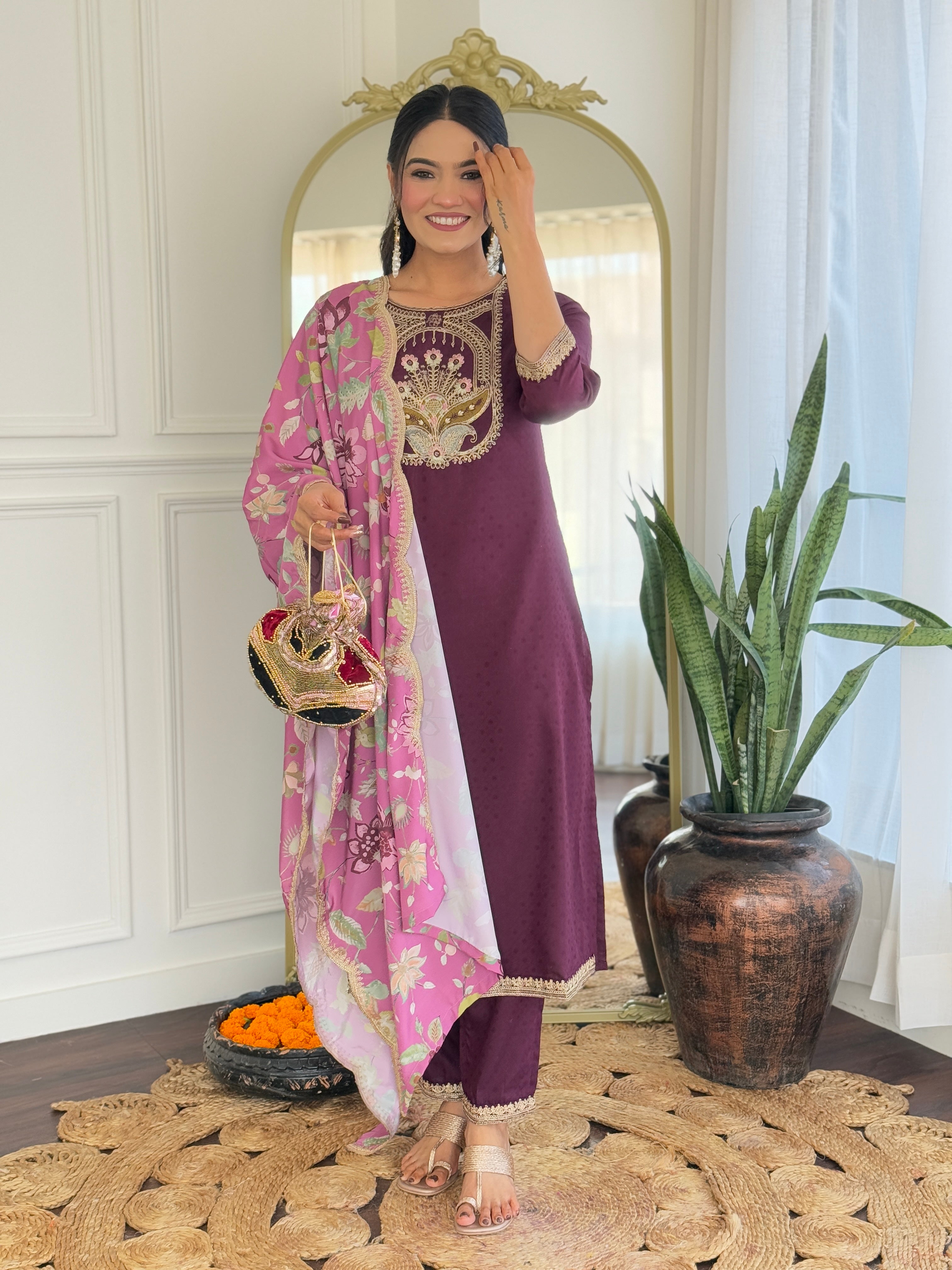 Women's Wine  Viscose Rayon Kurta Set, Scoop-Neck Embroidered, 3/4 Sleeve, Floral Dupatta,3 Piece