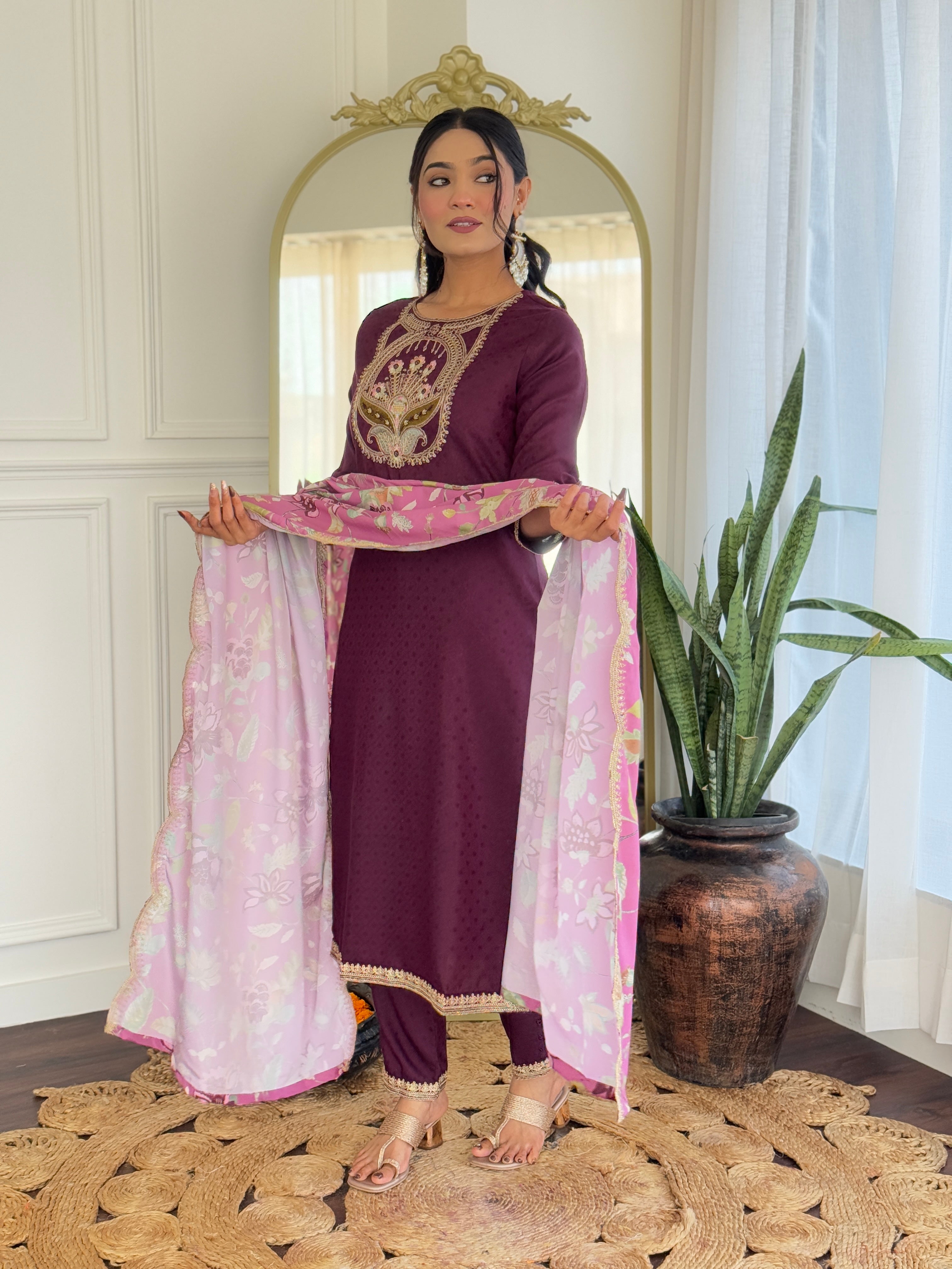 Women's Wine  Viscose Rayon Kurta Set, Scoop-Neck Embroidered, 3/4 Sleeve, Floral Dupatta,3 Piece
