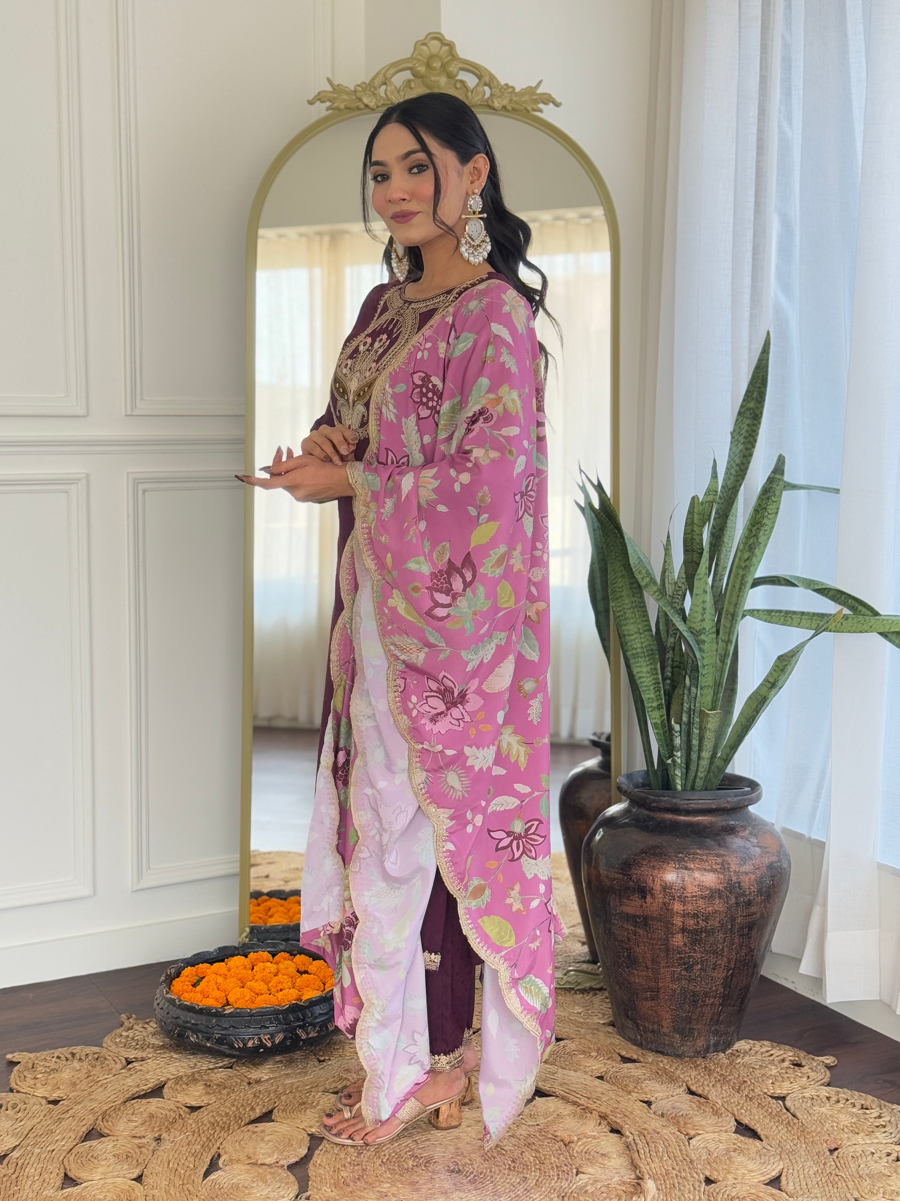 Women's Wine  Viscose Rayon Kurta Set, Scoop-Neck Embroidered, 3/4 Sleeve, Floral Dupatta,3 Piece