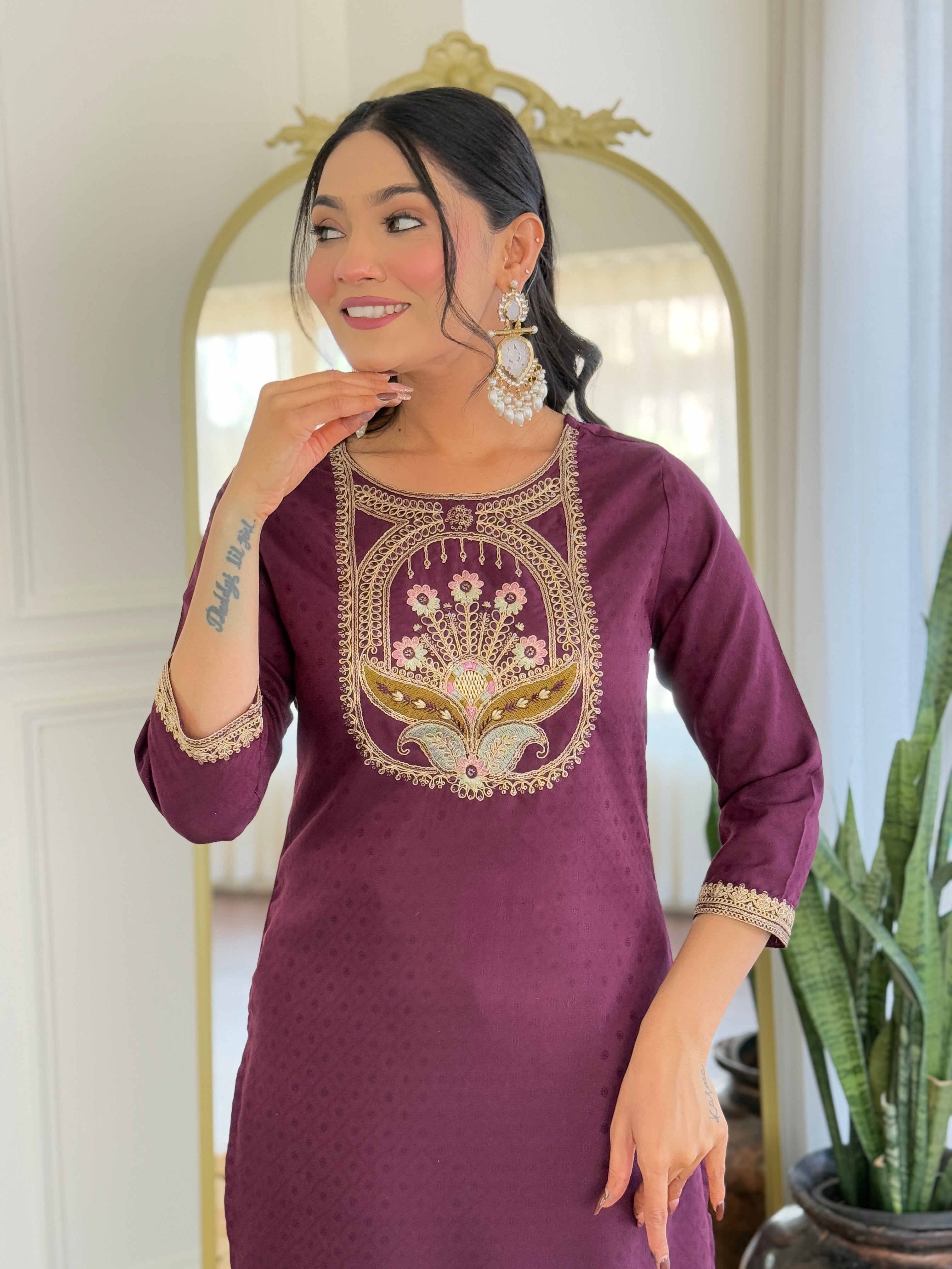 Women's Wine  Viscose Rayon Kurta Set, Scoop-Neck Embroidered, 3/4 Sleeve, Floral Dupatta,3 Piece