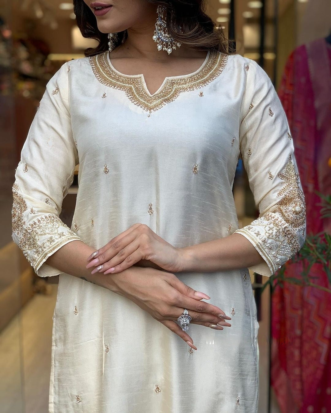 Women’s White Festive Kurta Set in Pure Viscose Chanderi with Delicate Embroidery