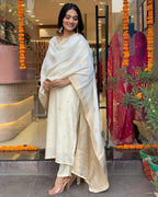 Women’s White Festive Kurta Set in Pure Viscose Chanderi with Delicate Embroidery