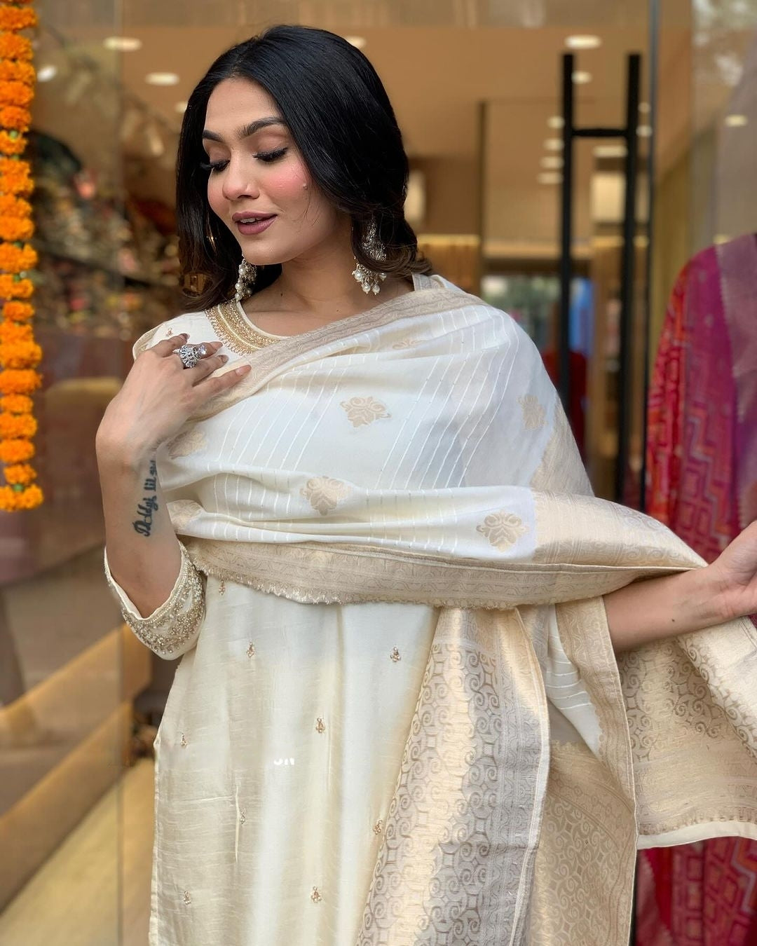 Women’s White Festive Kurta Set in Pure Viscose Chanderi with Delicate Embroidery