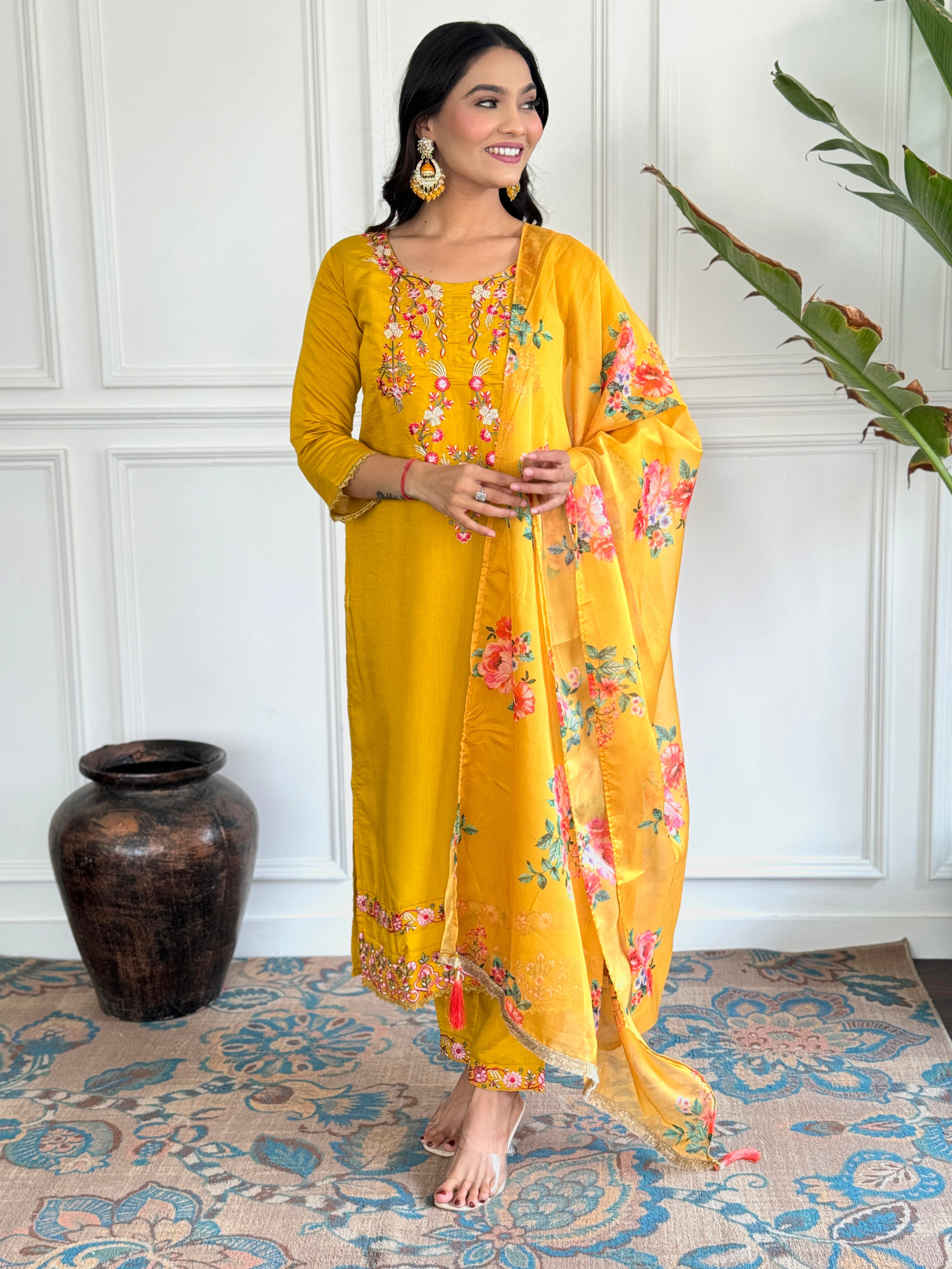 Women’s Yellow Traditional Chanderi Kurta Set with Embroidery & Printed Tabby Silk Dupatta