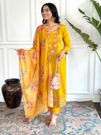 Women’s Yellow Traditional Chanderi Kurta Set with Embroidery & Printed Tabby Silk Dupatta