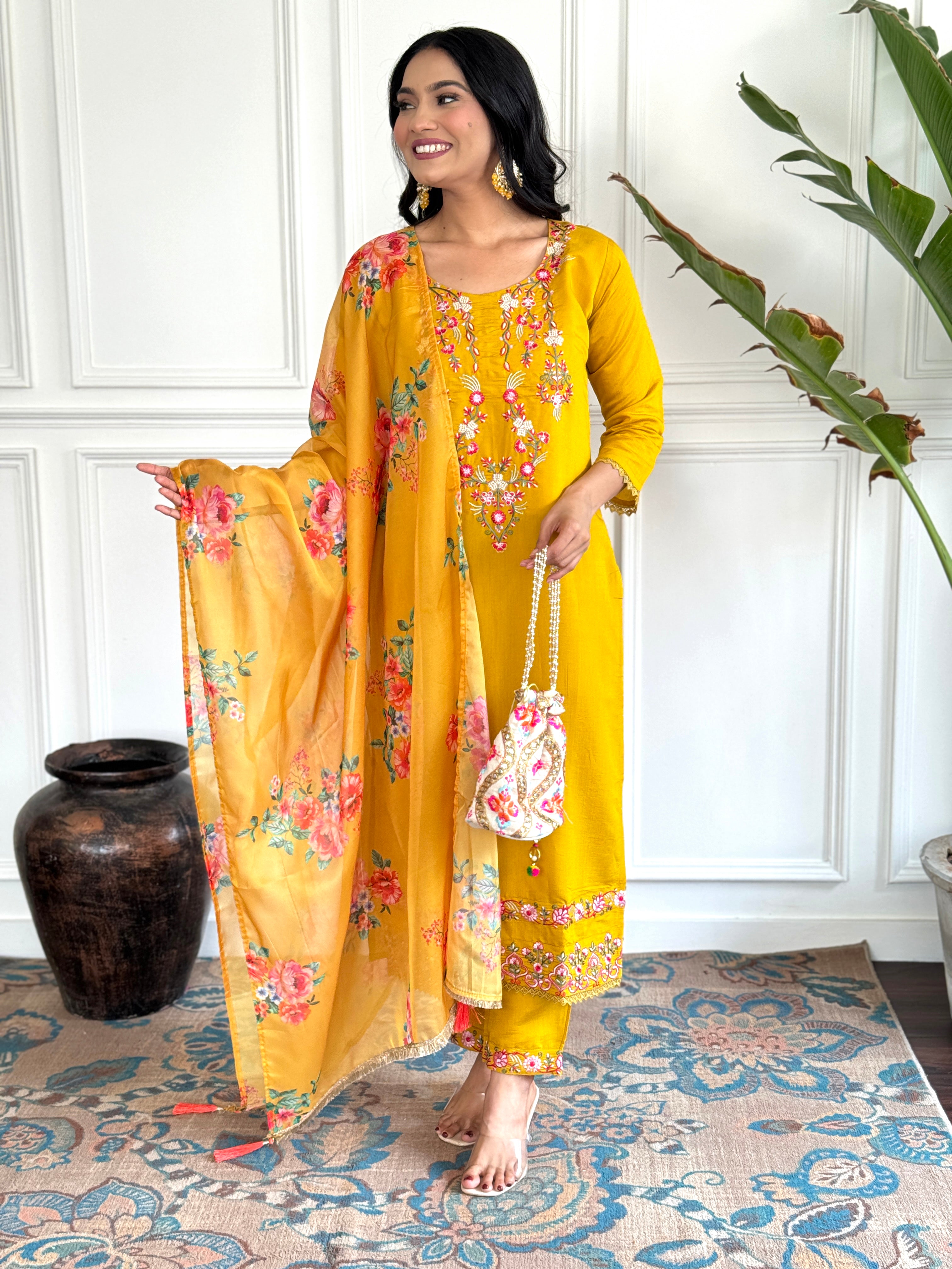 Women’s Yellow Traditional Chanderi Kurta Set with Embroidery & Printed Tabby Silk Dupatta