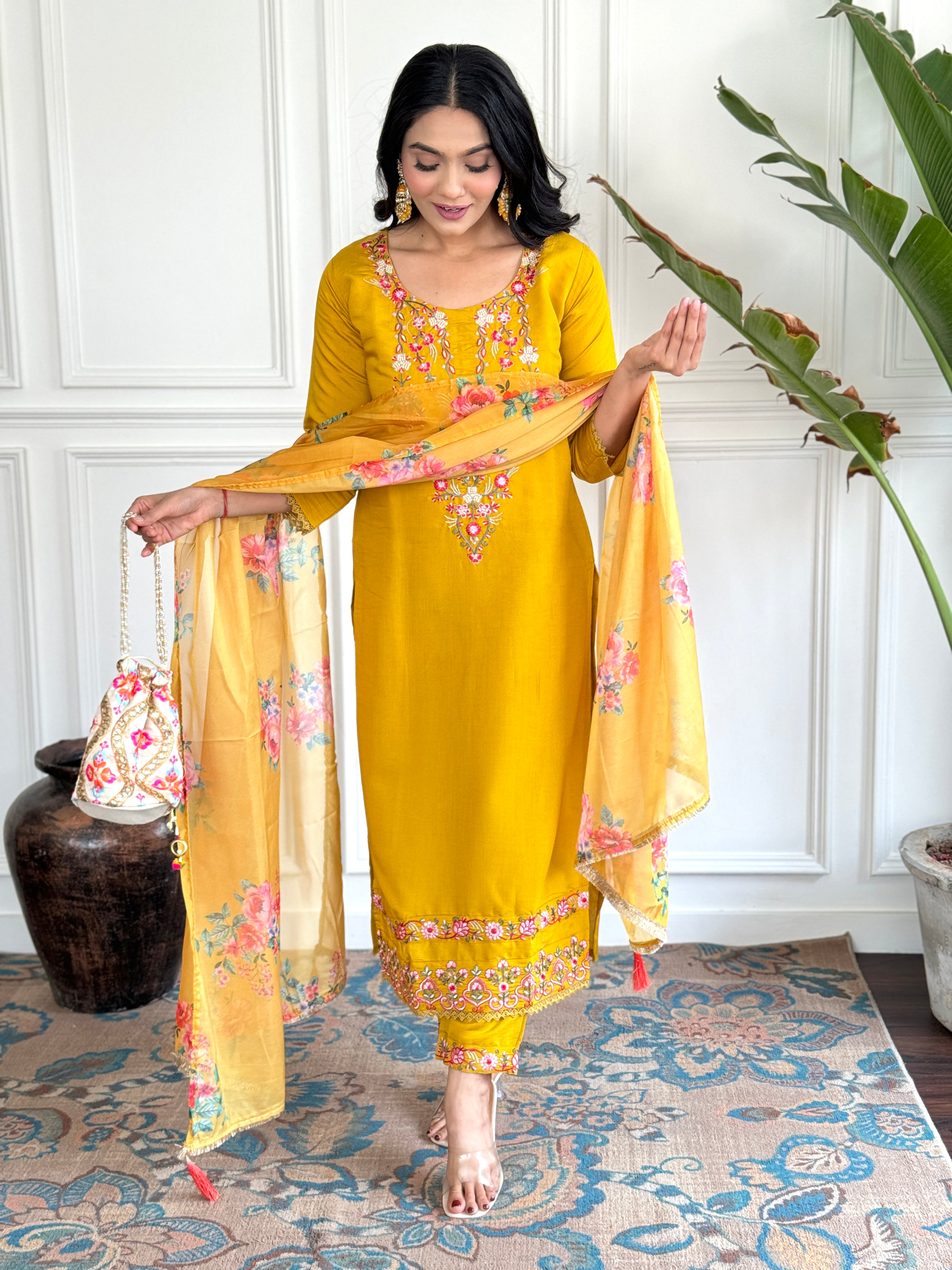 Women’s Yellow Traditional Chanderi Kurta Set with Embroidery & Printed Tabby Silk Dupatta