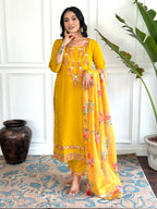 Women’s Yellow Traditional Chanderi Kurta Set with Embroidery & Printed Tabby Silk Dupatta