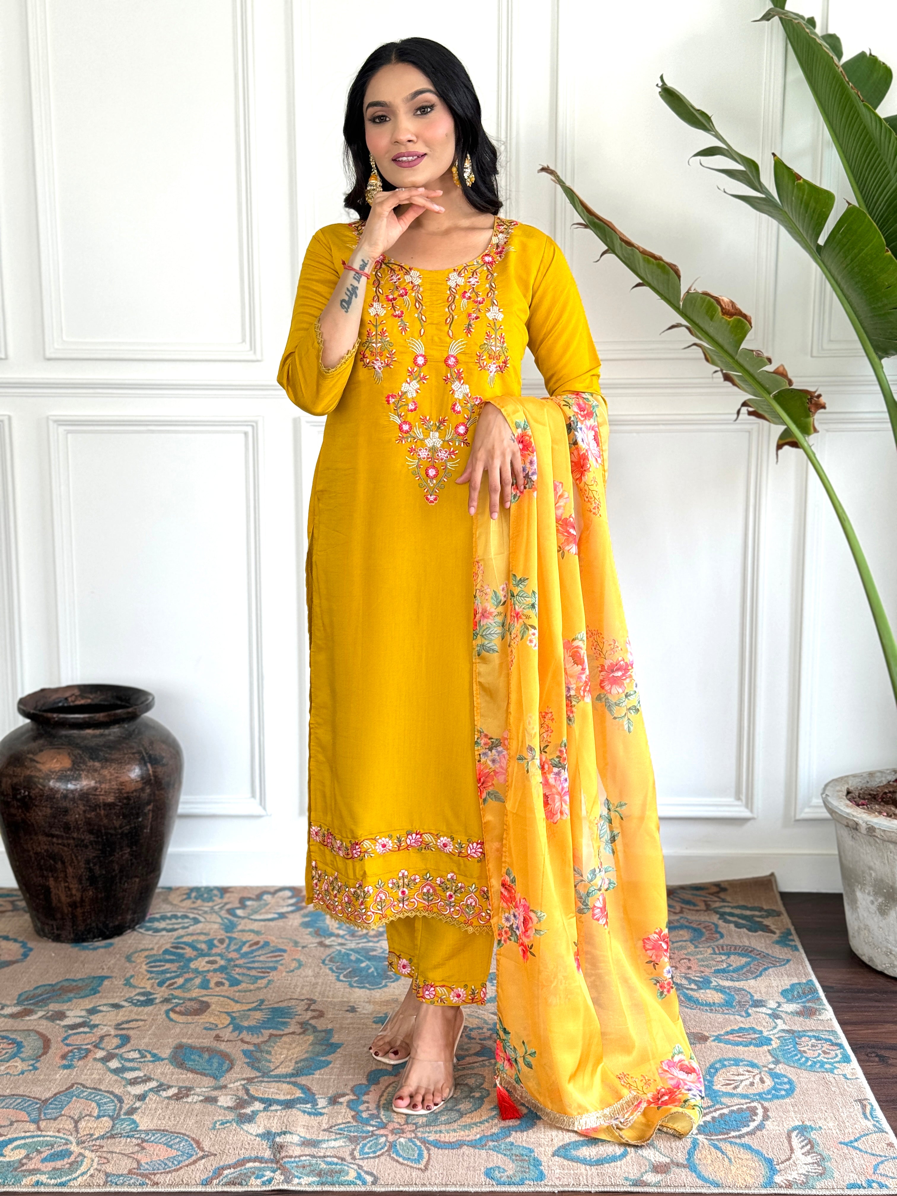 Women’s Yellow Traditional Chanderi Kurta Set with Embroidery & Printed Tabby Silk Dupatta