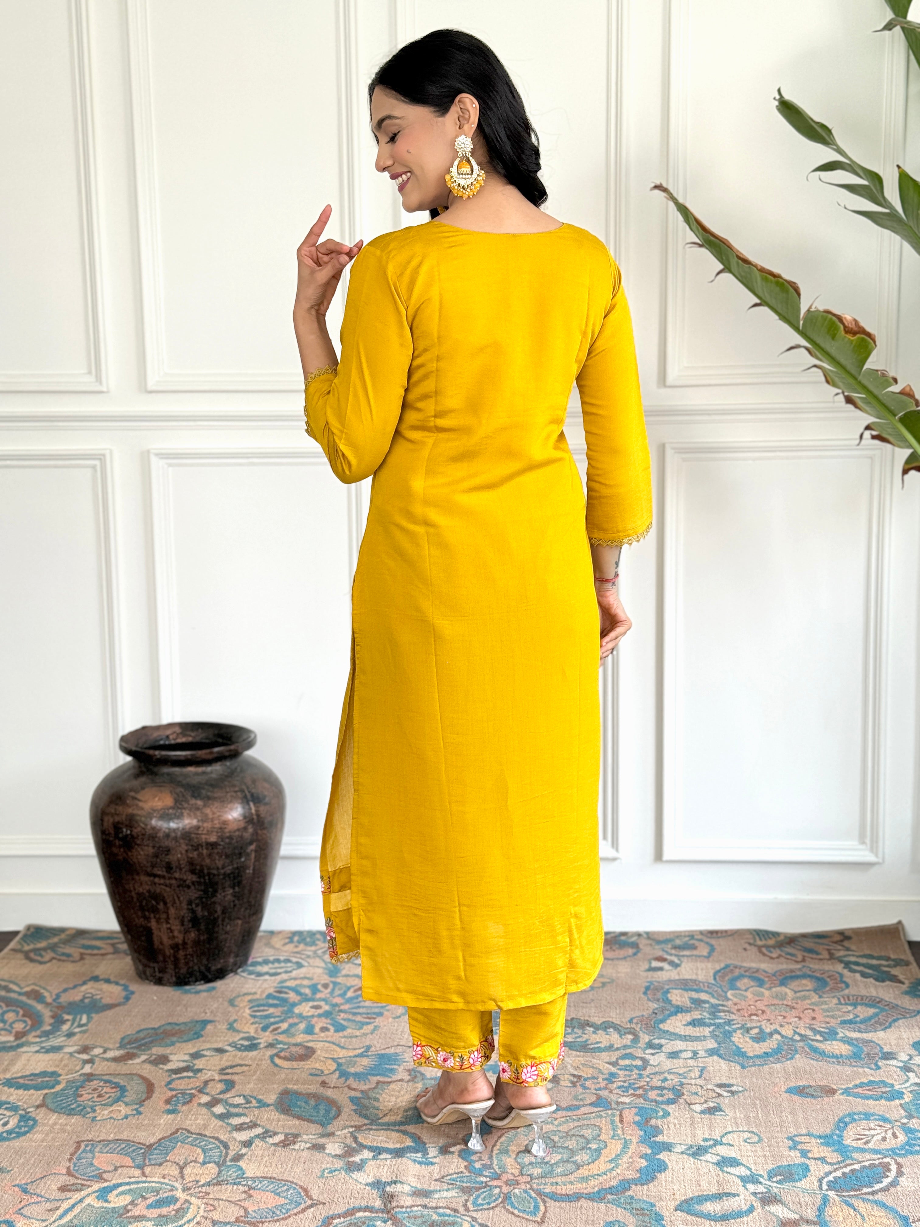 Women’s Yellow Traditional Chanderi Kurta Set with Embroidery & Printed Tabby Silk Dupatta