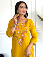 Women’s Yellow Traditional Chanderi Kurta Set with Embroidery & Printed Tabby Silk Dupatta