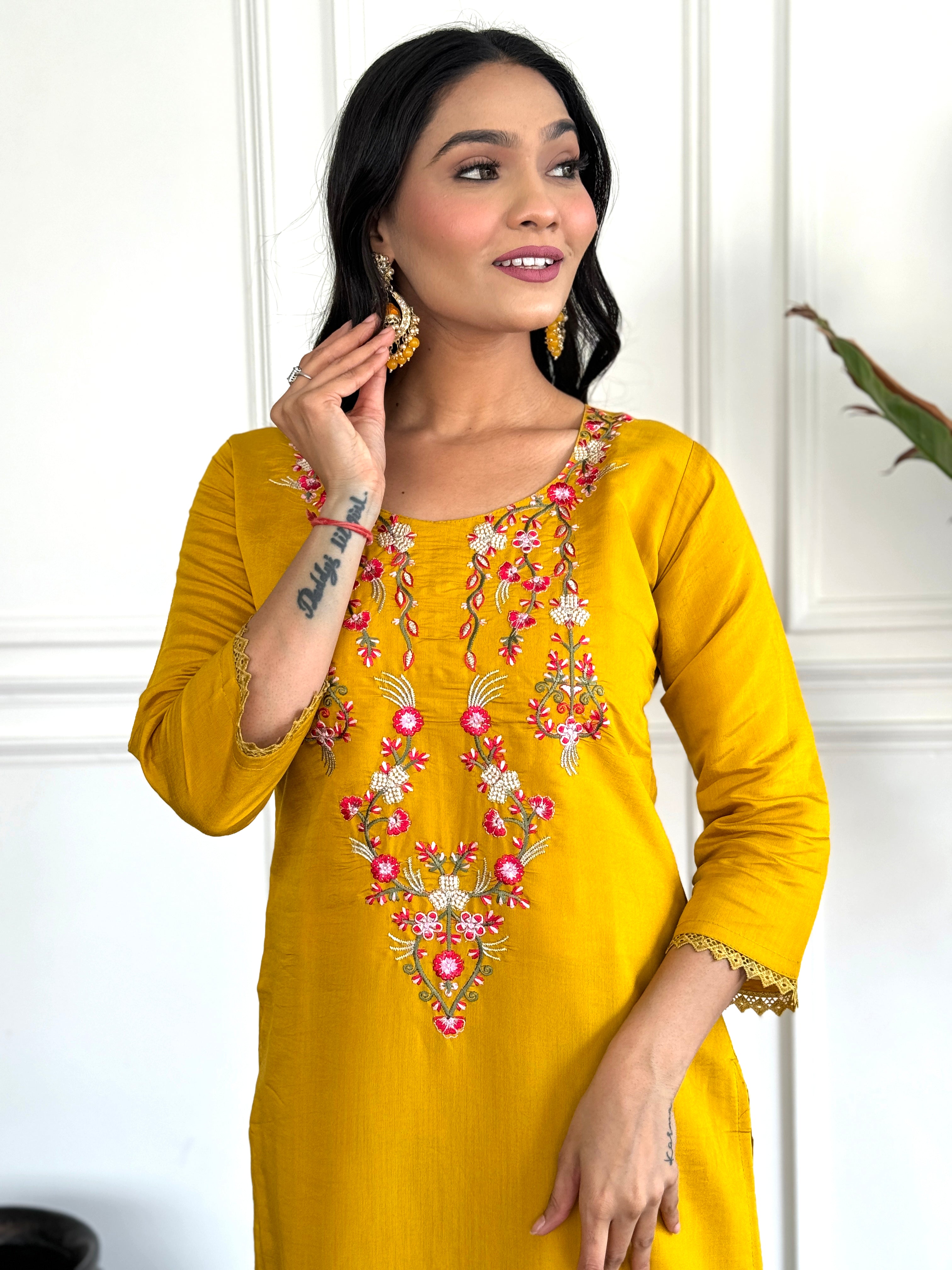 Women’s Yellow Traditional Chanderi Kurta Set with Embroidery & Printed Tabby Silk Dupatta