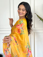 Women’s Yellow Traditional Chanderi Kurta Set with Embroidery & Printed Tabby Silk Dupatta