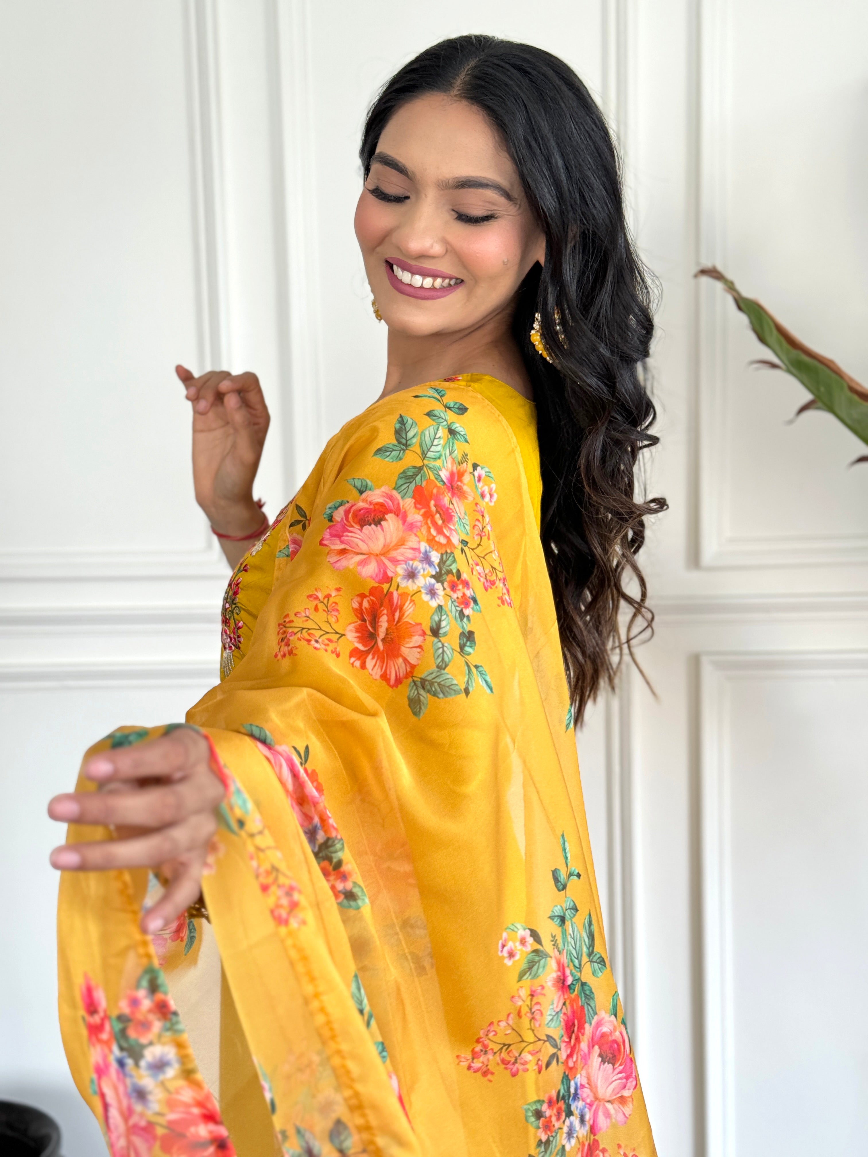 Women’s Yellow Traditional Chanderi Kurta Set with Embroidery & Printed Tabby Silk Dupatta