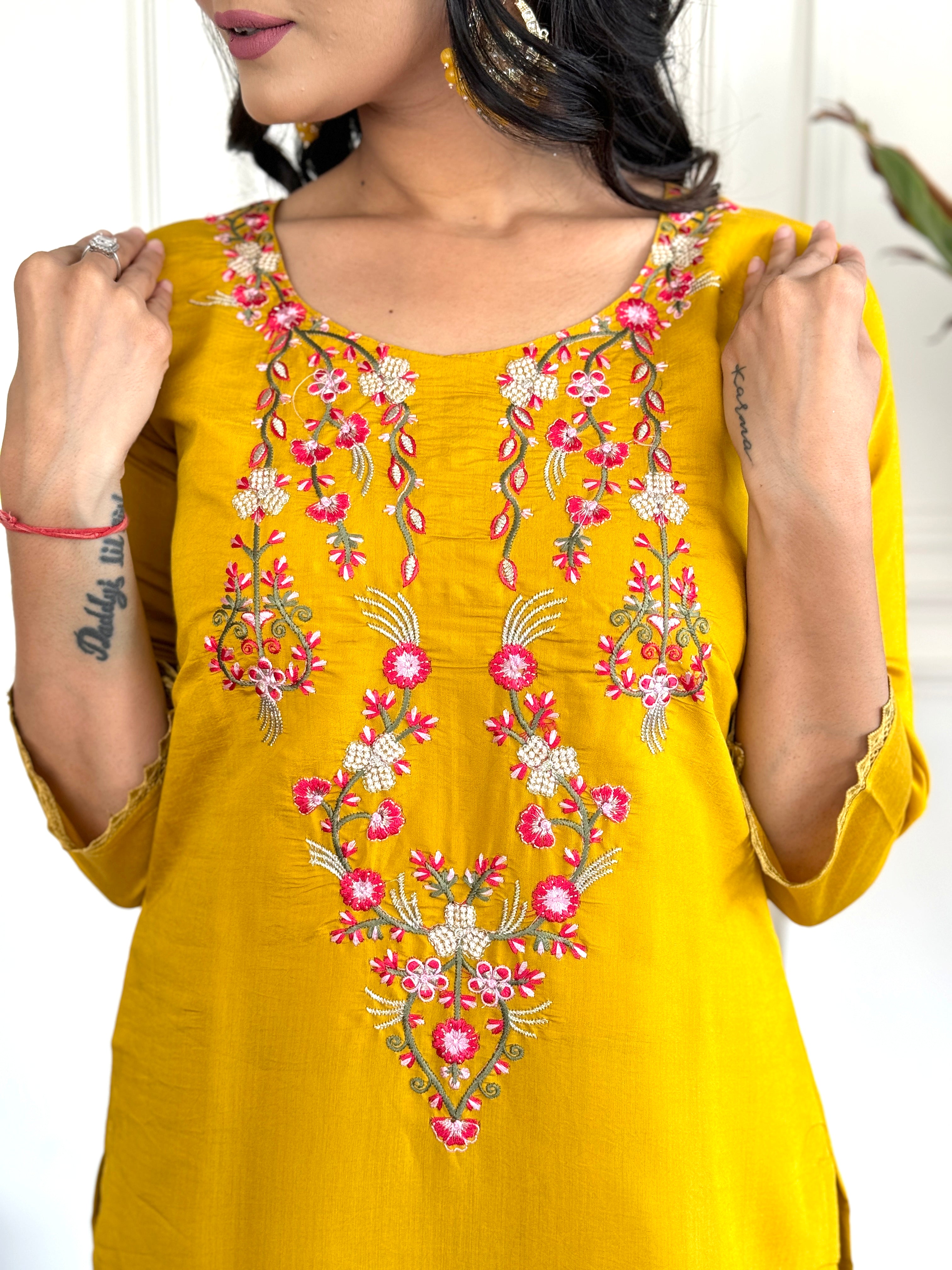 Women’s Yellow Traditional Chanderi Kurta Set with Embroidery & Printed Tabby Silk Dupatta