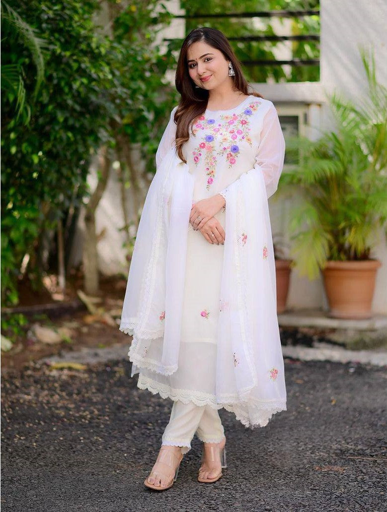 Women’s White Embroidered Georgette Anarkali – Stitched Elegance for Every Occasion