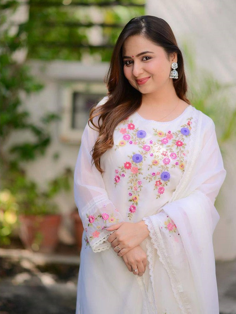 Women’s White Embroidered Georgette Anarkali – Stitched Elegance for Every Occasion