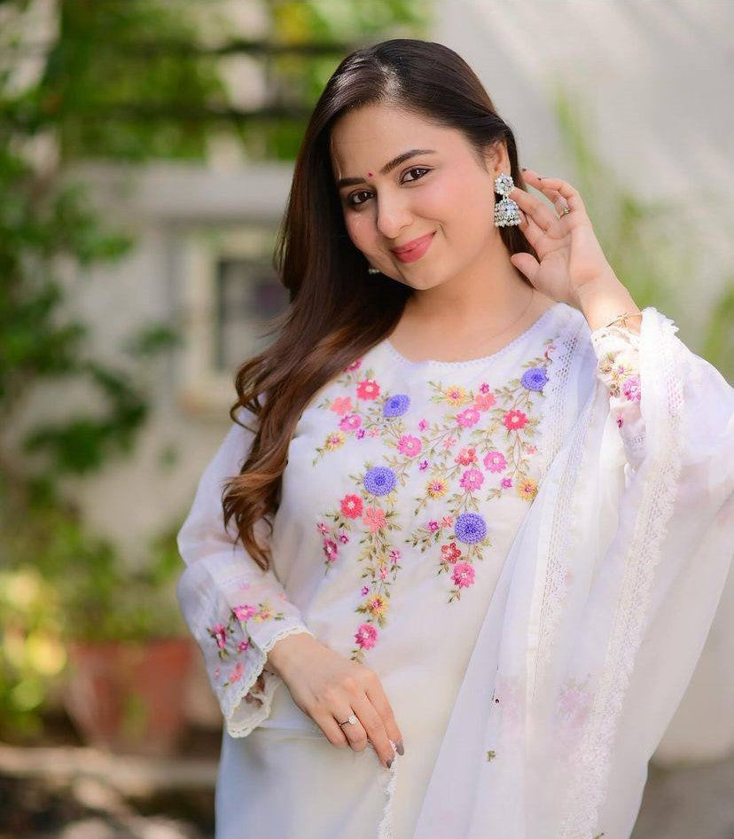 Women’s White Embroidered Georgette Anarkali – Stitched Elegance for Every Occasion