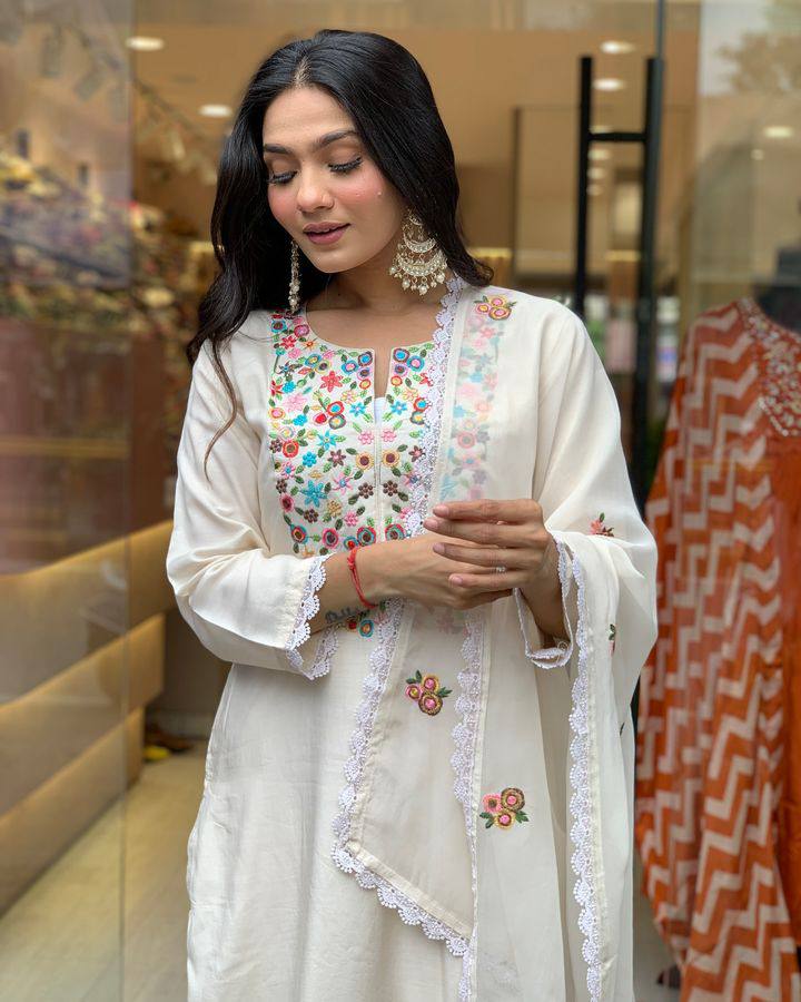 Women’s Off White Embroidered Viscose Chanderi Ensemble – Subtle Luxury in Every Thread