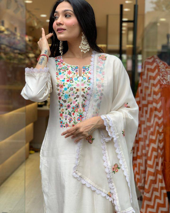 Women’s Off White Embroidered Viscose Chanderi Ensemble – Subtle Luxury in Every Thread