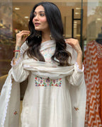 Women’s Off White Embroidered Viscose Chanderi Ensemble – Subtle Luxury in Every Thread