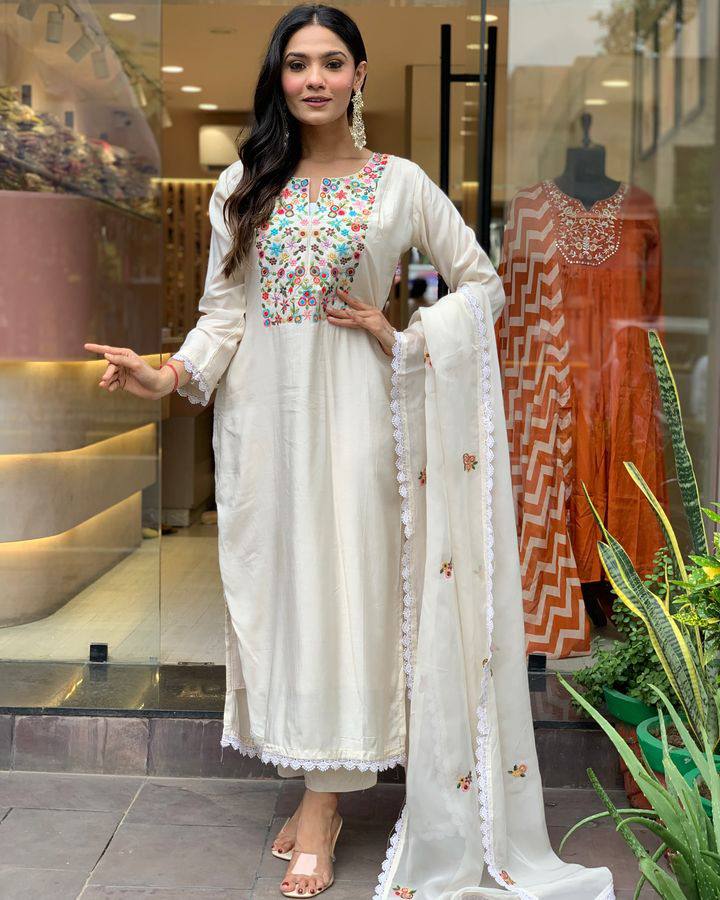 Women’s Off White Embroidered Viscose Chanderi Ensemble – Subtle Luxury in Every Thread